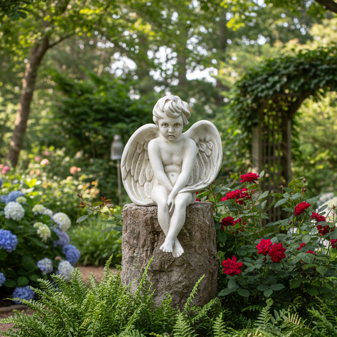 Serene Meditating Cherub Garden Angel Statue: Embrace Tranquility with this Large Outdoor Sculpture