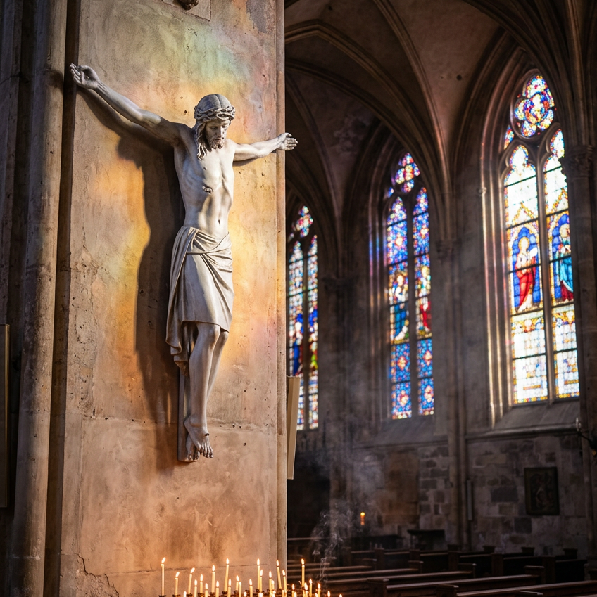 A large stone crucifix of Jesus Christ hangs on a tall interior wall of a cathedral, with arched stained-glass windows, rows of pews, and many lit candles visible in the foreground.