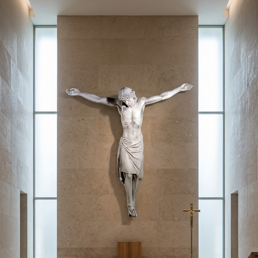 A white stone sculpture of Jesus Christ crucified, mounted on a large beige stone wall in a modern chapel or church interior with tall windows and a brass cross stand below.