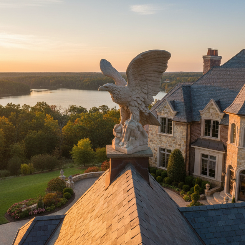 Statue of an eagle on a rooftop with a scenic view of a lake and trees at sunset.