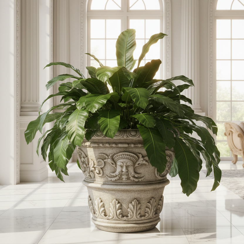 Large potted plant in an ornate pot on a marble floor with large windows in the background