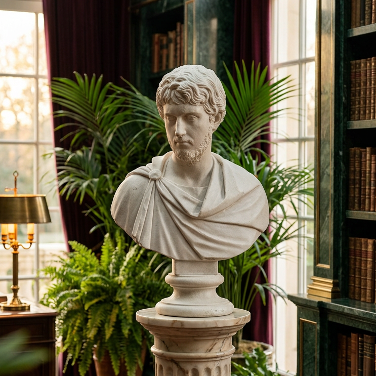 A classical-style marble bust sculpture of a bearded man draped in robes, mounted on a decorative pedestal, set in a richly decorated study with bookshelves, green plants, and a brass table lamp.