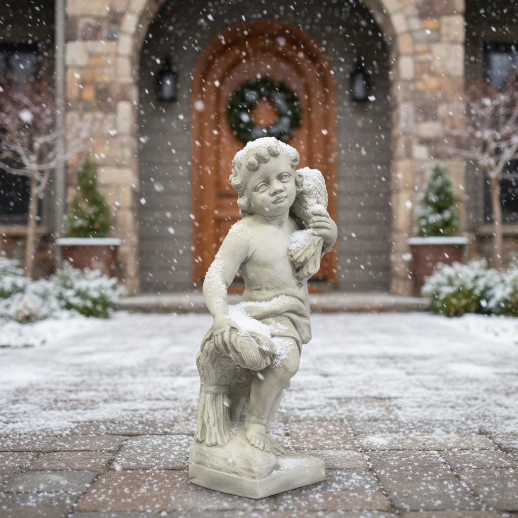 Statue of a cherub in front of a stone building with a wreath during snowfall Summer Season Cherub 24" H Statue