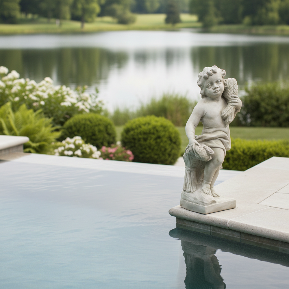 Statue of a cherub by a pool with a scenic background Summer Season Cherub 24" H Statue