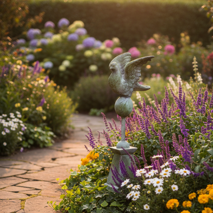 A green metal garden statue of a bird perched on a globe and pedestal, placed in a lush garden bed with purple flowers, white daisies, and a stone path.