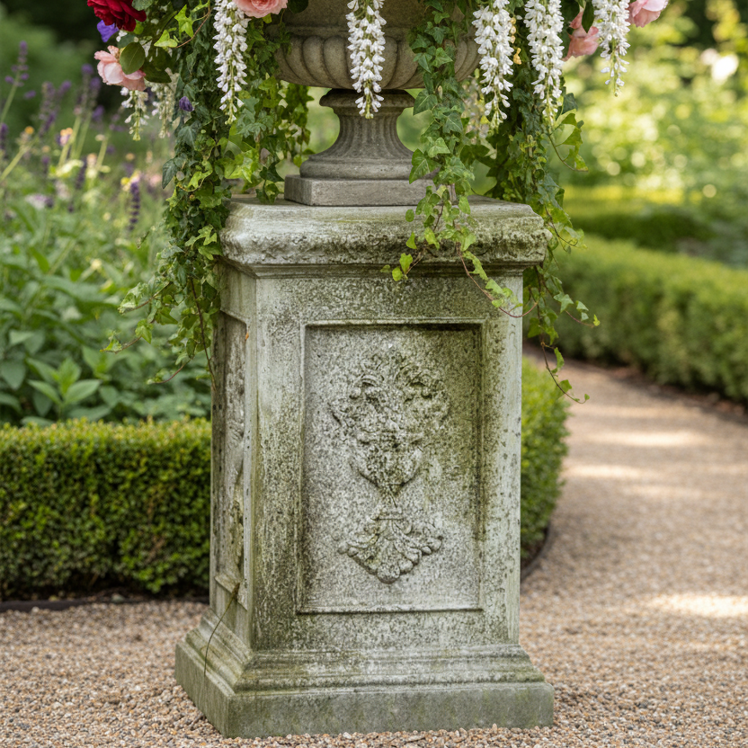 Decorative stone urn with a colorful flower arrangement in a garden setting