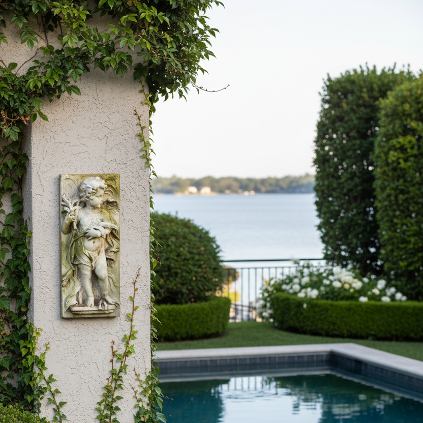 Decorative wall plaque by a pool with a scenic view of water and greenery.