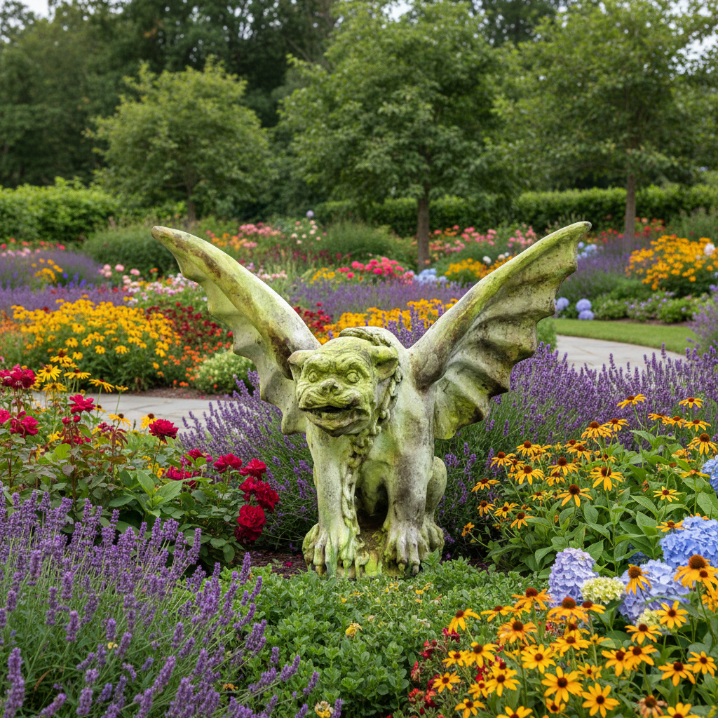 Gargoyle statue in a garden with colorful flowers
