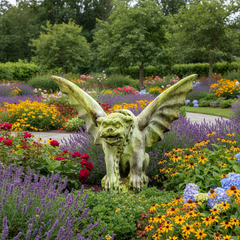 Gargoyle statue in a garden with colorful flowers