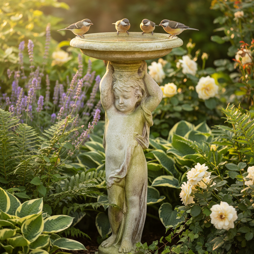 Statue of a cherub holding a bird bath with birds perched on it, surrounded by garden plants and flowers.