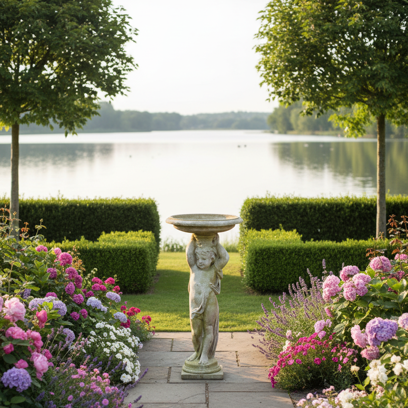 Garden scene with a statue holding a bowl, flowers, and a lake in the background