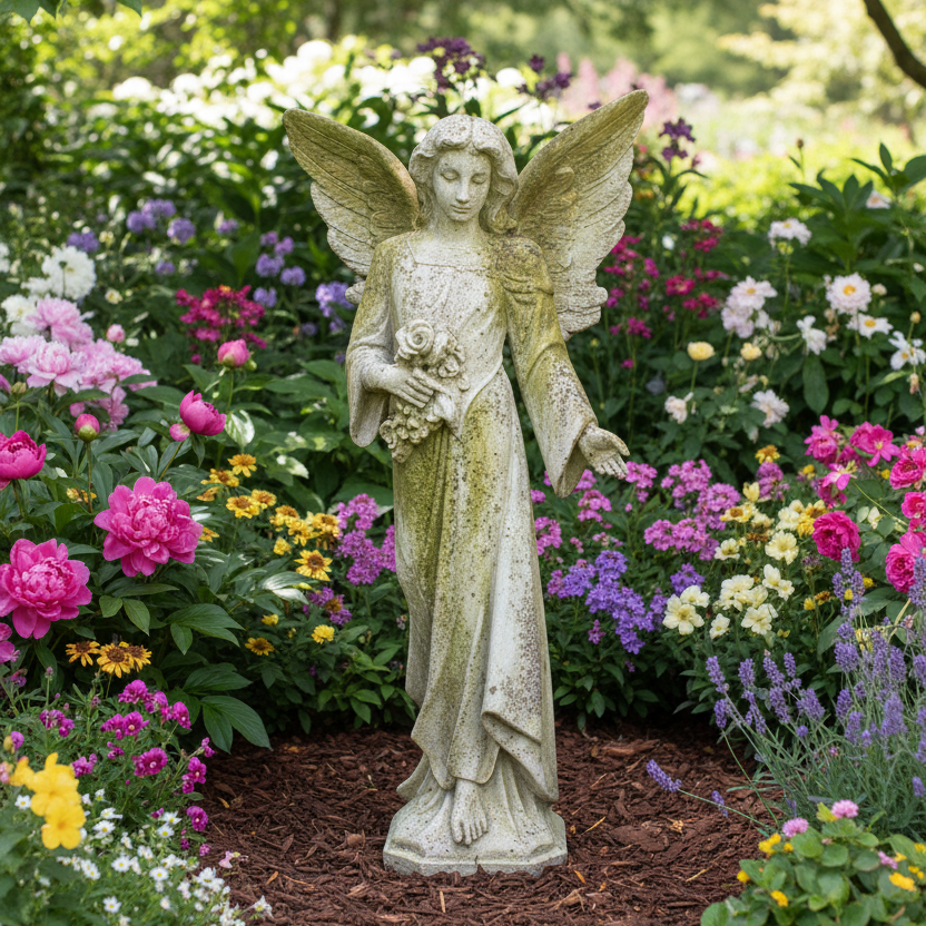 Statue of an angel holding flowers in a garden with colorful flowers