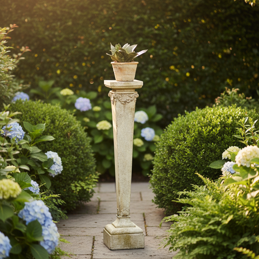 Decorative column with a potted plant in a garden setting