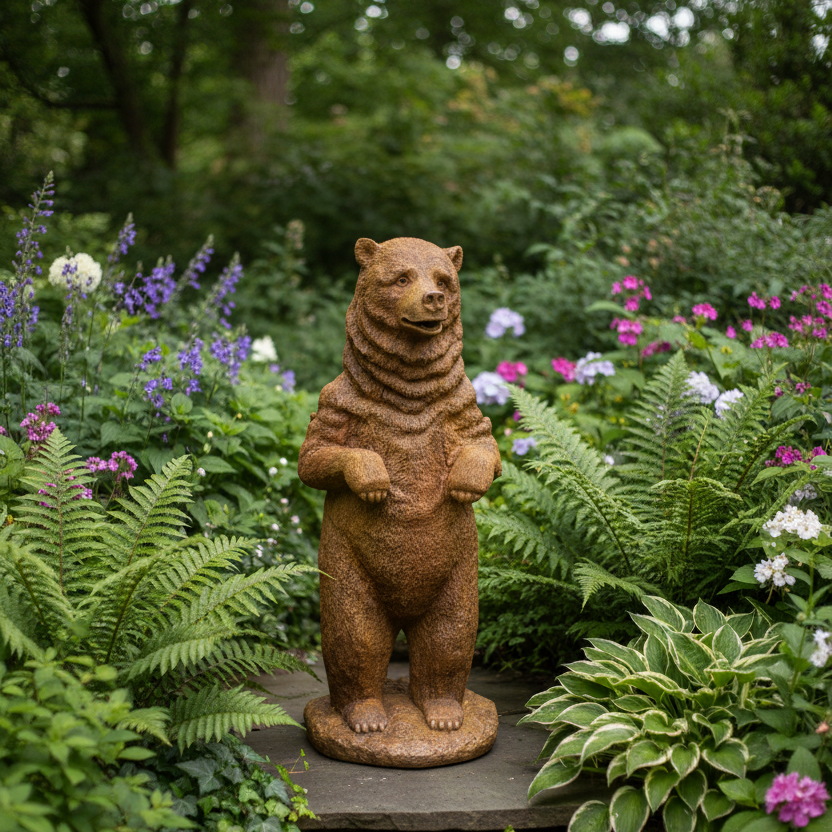 Bear statue in a garden setting with flowers and plants