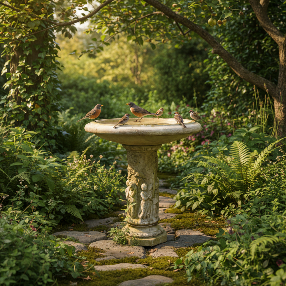 Birds perched on a stone bird bath in a garden setting