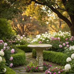 Garden pathway with a stone birdbath surrounded by flowers and greenery