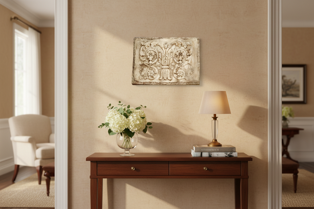 Living room with a wooden console table, lamp, and decorative wall art.