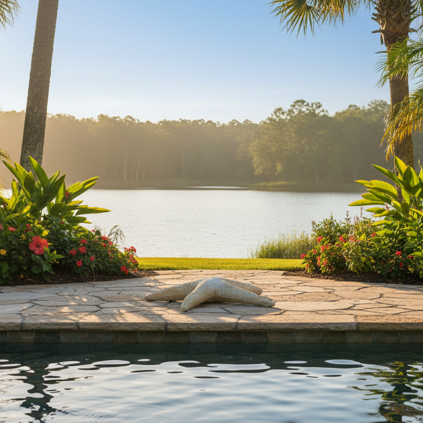 Pool area with a view of a lake and palm trees