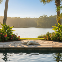 Pool area with a view of a lake and palm trees