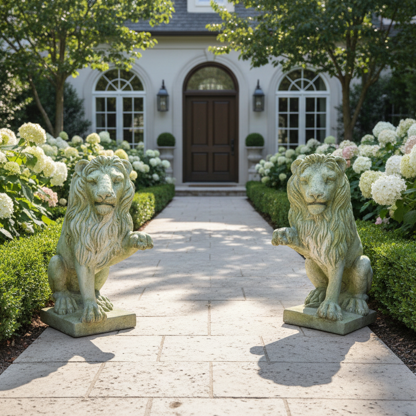 Regal Majesty Unveiled: Lion Right Paw Up Garden Animal Sculpture for Majestic Outdoor Décor