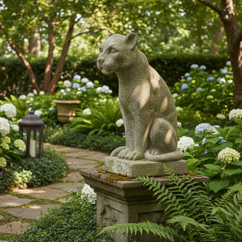 Stone lion statue in a garden with flowers and trees