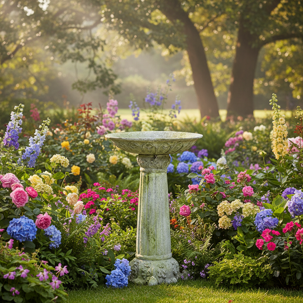 Stone birdbath surrounded by colorful flowers in a garden setting