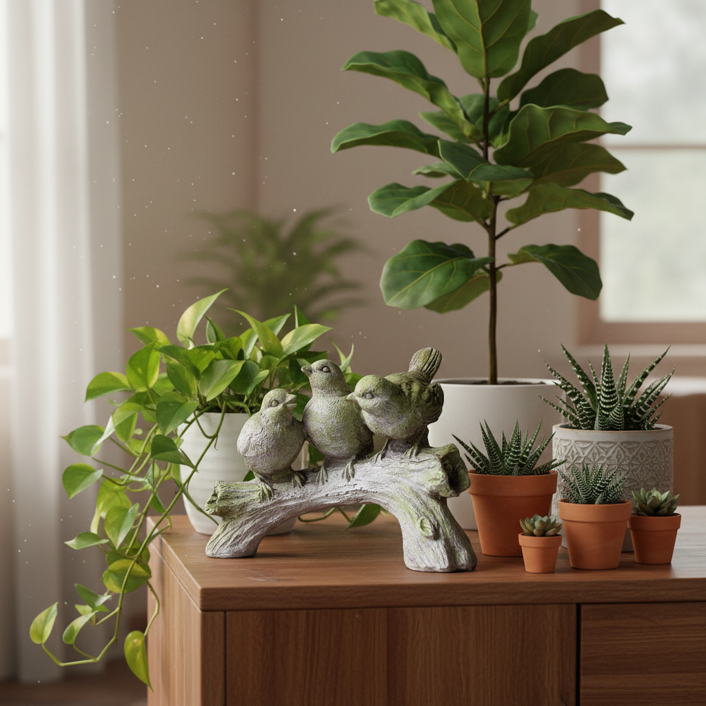 Decorative birds on a branch with potted plants on a wooden cabinet.