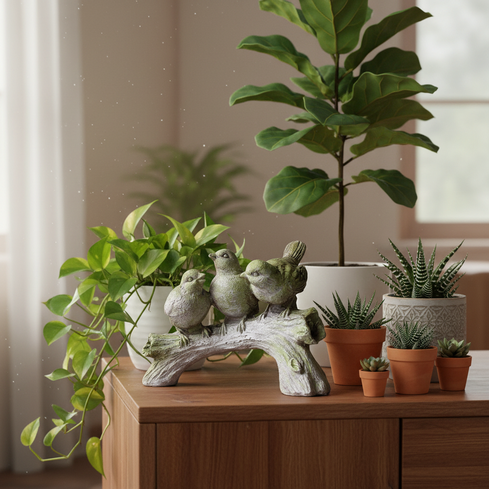 Decorative birds on a branch with potted plants on a wooden cabinet.