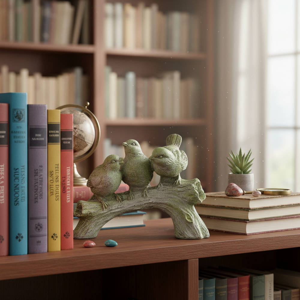 Decorative sculpture of birds on a branch with books and a plant in the background