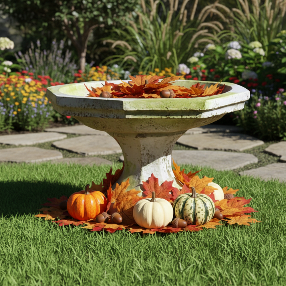 Decorative birdbath with autumn leaves and pumpkins in a garden setting