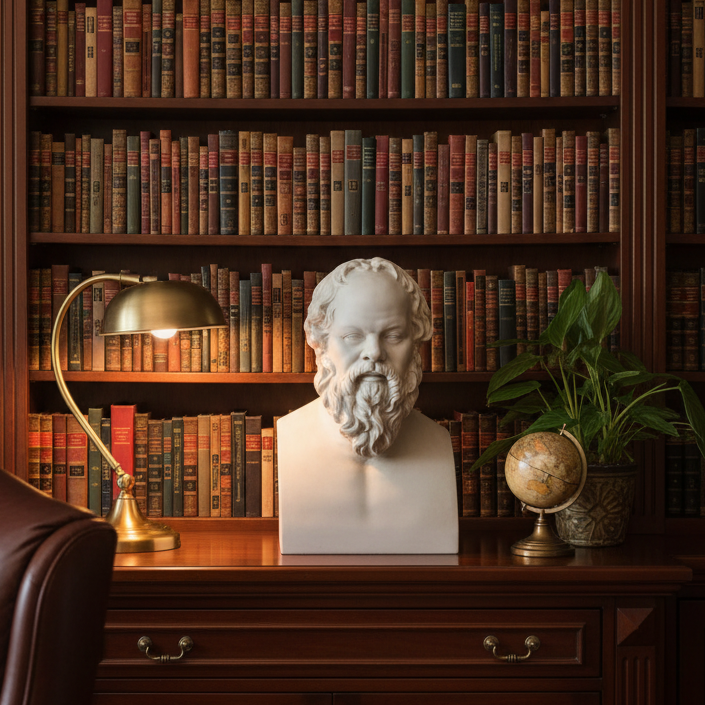 Bust of a classical philosopher on a wooden desk with bookshelves in the background