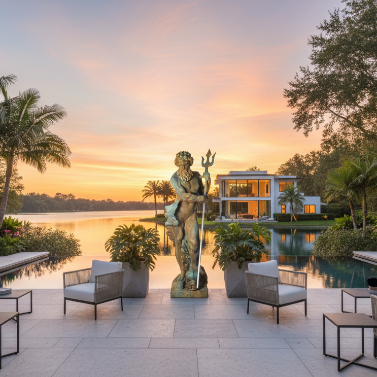 Luxury outdoor patio with statue, furniture, and sunset view
