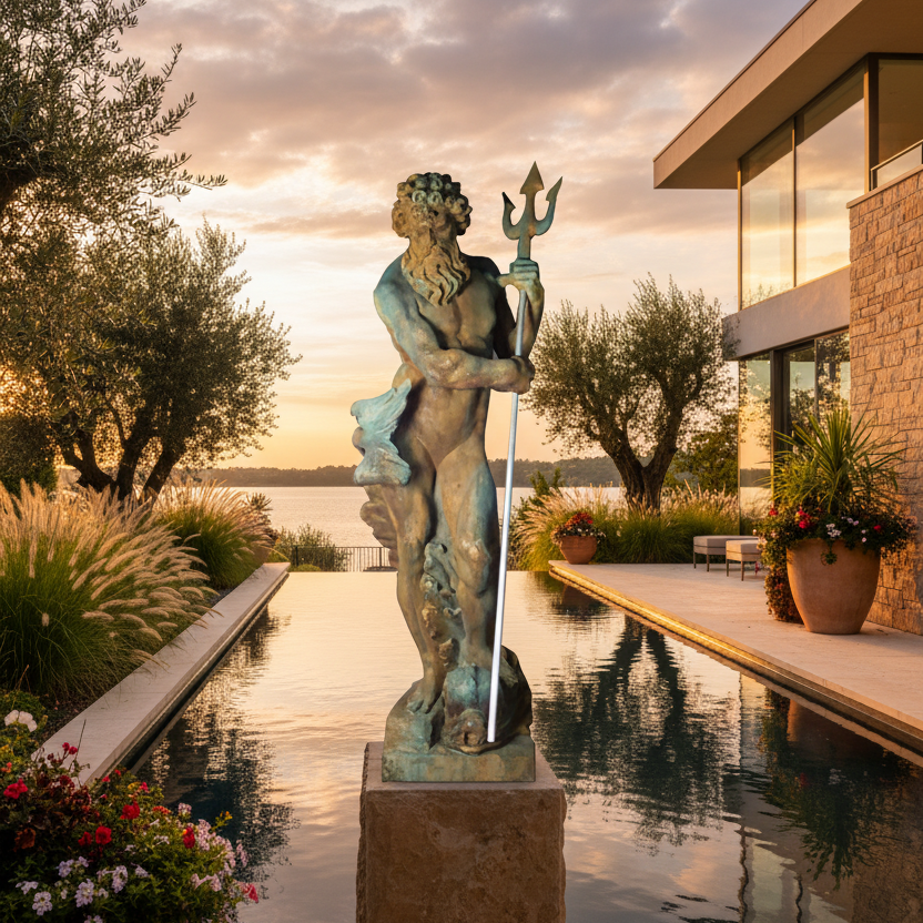 Statue of a mythological figure by a pool with a sunset view