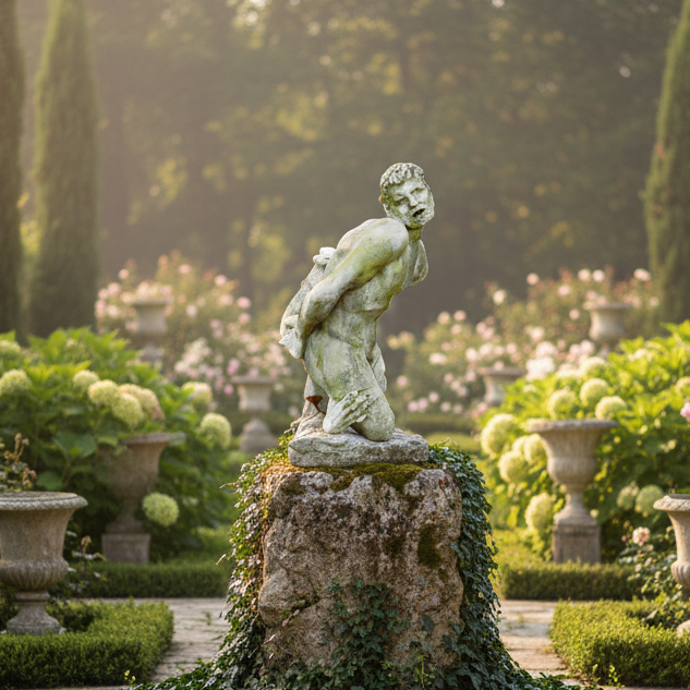 Statue in a garden with stone pathways and manicured hedges