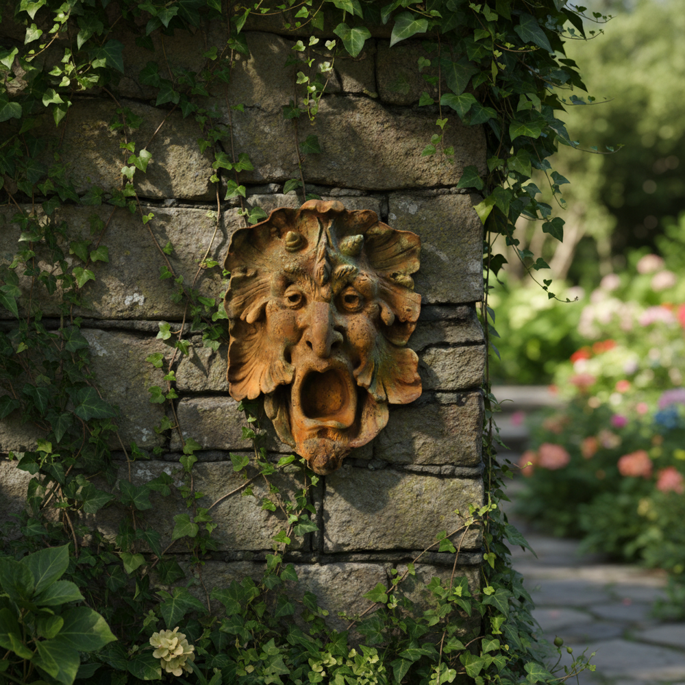 Decorative stone mask on a stone wall with greenery and flowers in the background