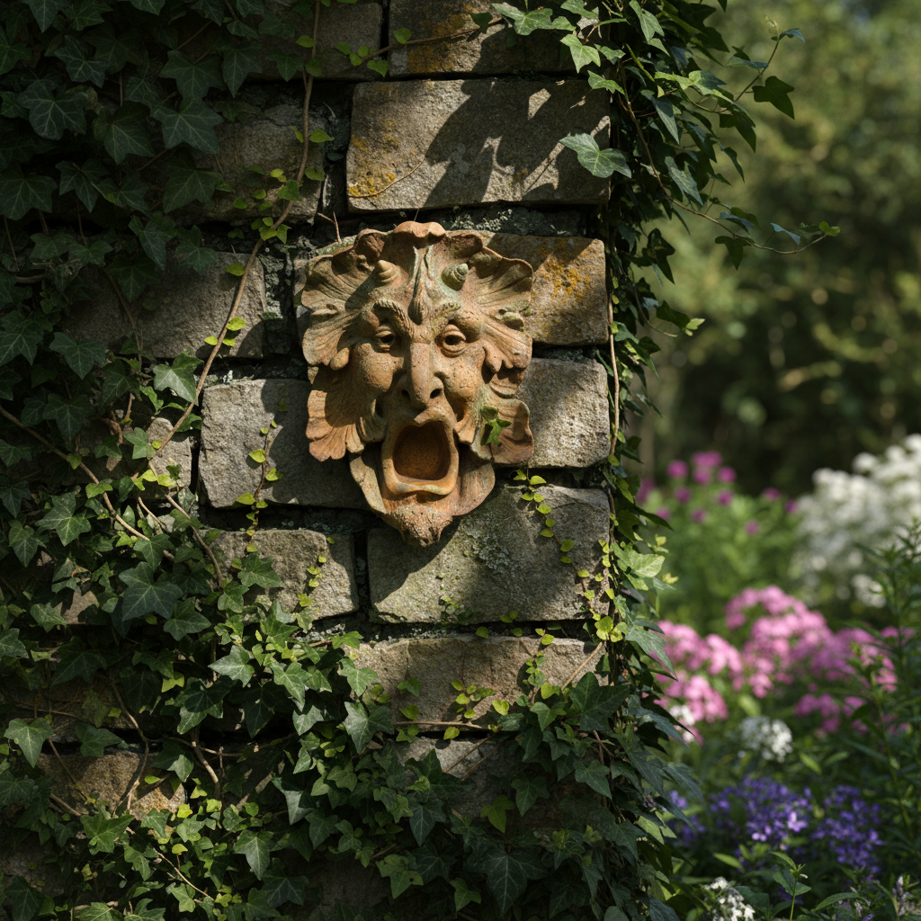 Stone wall with a green man sculpture and ivy, surrounded by flowers