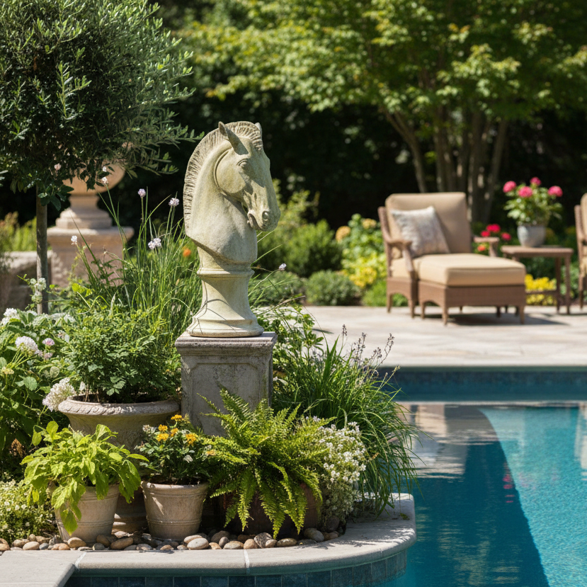 Decorative stone horse head sculpture in a garden setting with a pool and chairs in the background.