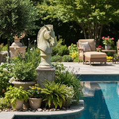 Decorative stone horse head sculpture in a garden setting with a pool and chairs in the background.