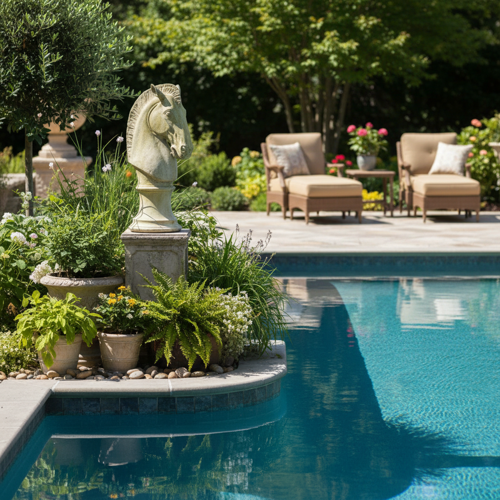 Decorative stone horse head sculpture by a pool with garden and seating area in the background