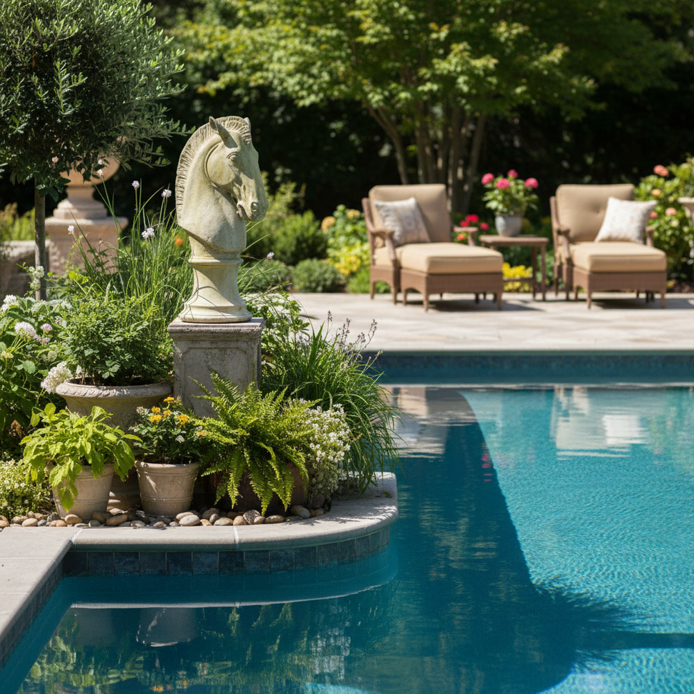 Decorative stone horse head sculpture by a pool with garden and seating area in the background