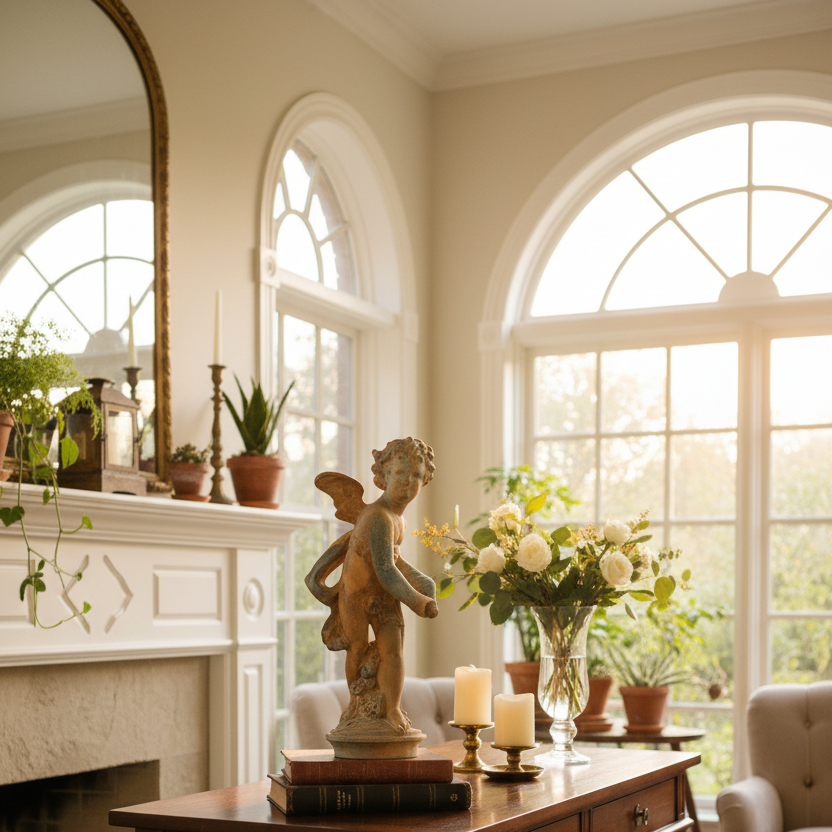 Living room with a wooden desk, statue, and decorative items.