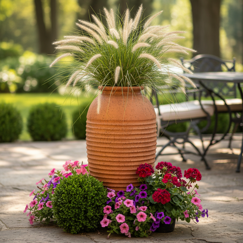 Tall terracotta pot with decorative grasses and a flower bed on a patio