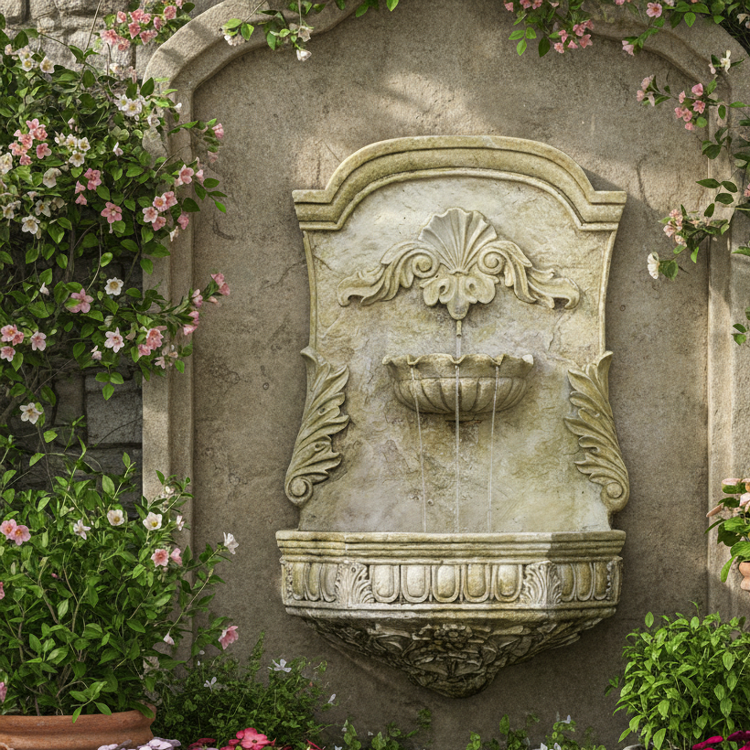 Decorative stone wall fountain with floral and greenery around