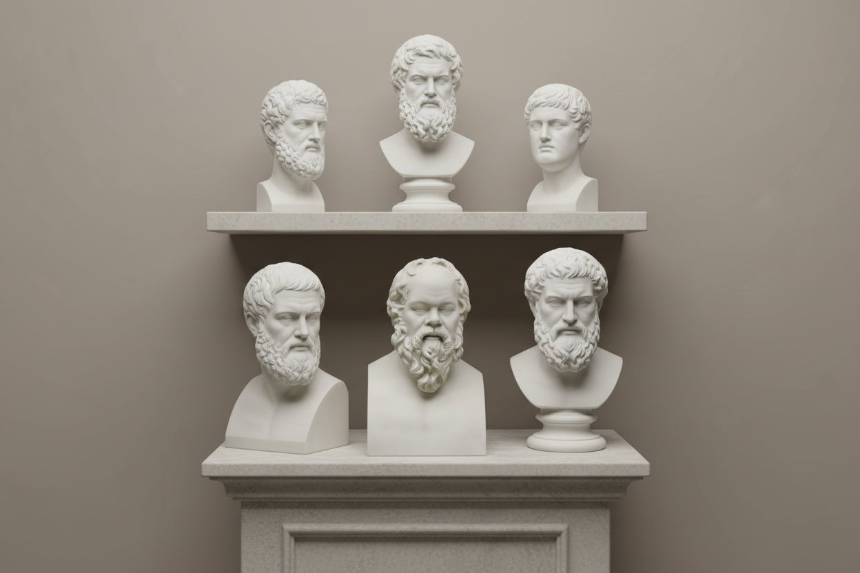 Collection of classical busts on a shelf against a plain wall