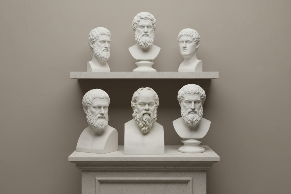 Collection of classical busts on a shelf against a plain wall