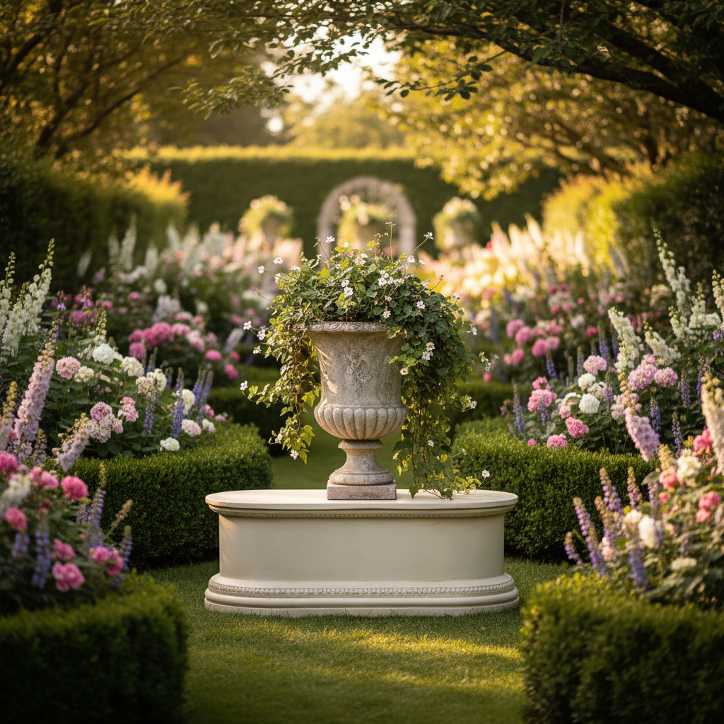 Decorative urn in a garden with flowers and trees