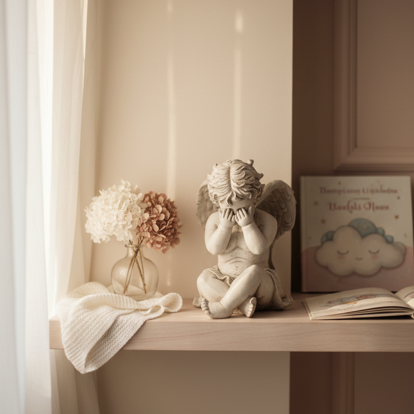 Peekaboo Cherub Angel Sculpture Decorative shelf with a statue, flowers, and a book against a neutral wall.