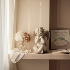 Peekaboo Cherub Angel Sculpture Decorative shelf with a statue, flowers, and a book against a neutral wall.