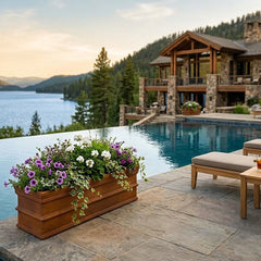 Luxury lakeside house with infinity pool and outdoor seating area.