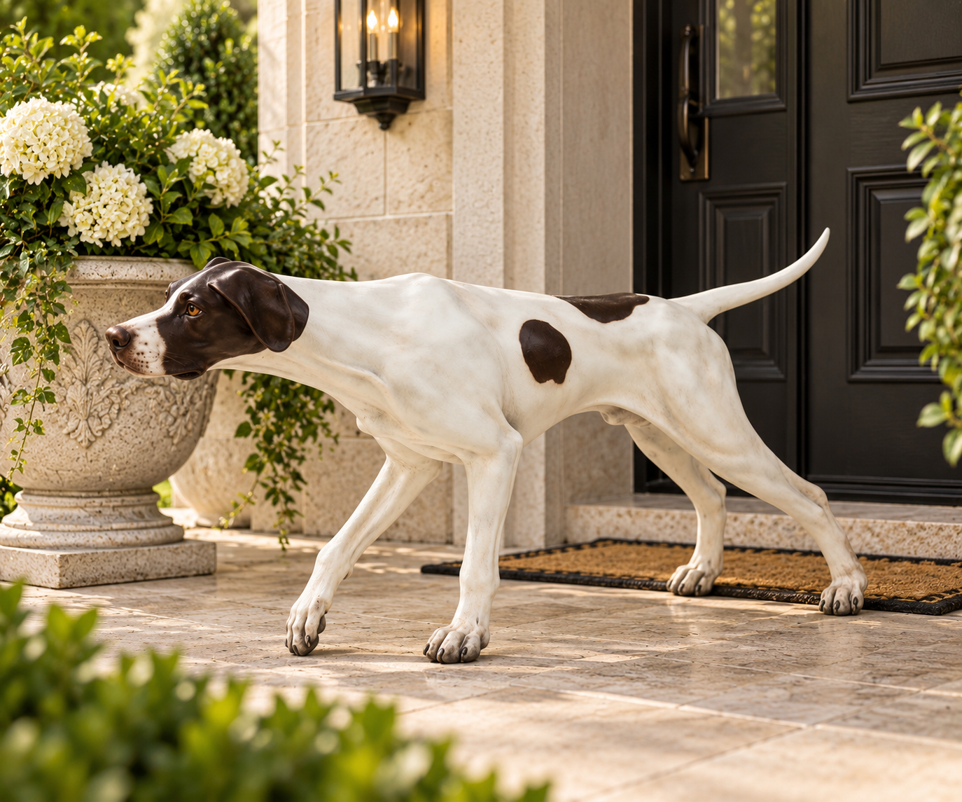 A lifelike decorative statue of a white and brown spotted hunting dog standing on a stone porch in front of a black front door with potted plants.